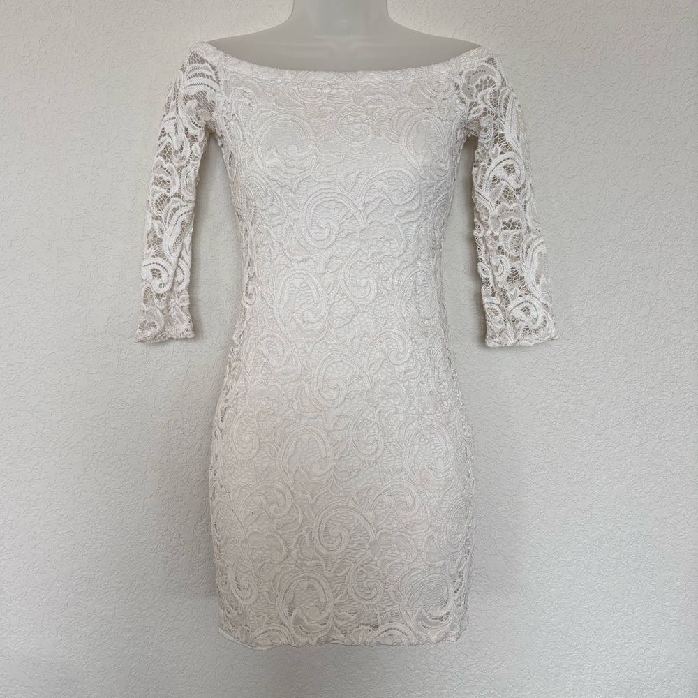 Ambiance Off-White Lace Long Sleeve Dress